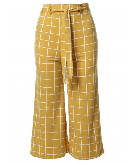 Women's Casual Tie Waist Culottes Capri Length Pants
