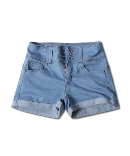 Women's Casual Three Buttons Push Up Roll-up Cuff Denim Shorts
