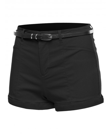 Women's Solid Belted Bengaline Roll-Up Cuff Shorts