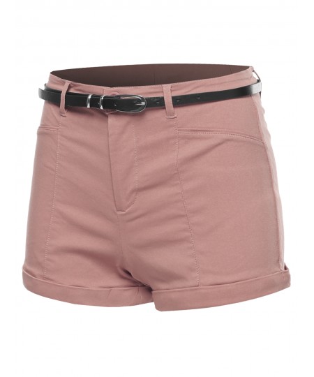 Women's Solid Belted Bengaline Roll-Up Cuff Shorts