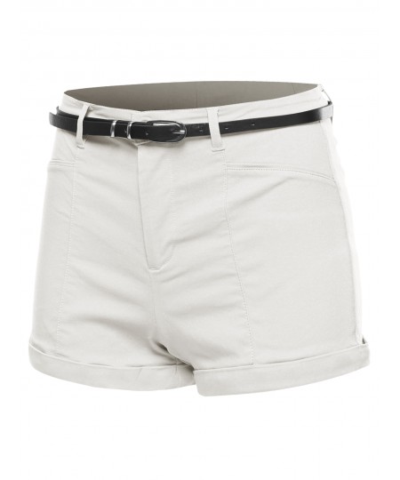 Women's Solid Belted Bengaline Roll-Up Cuff Shorts