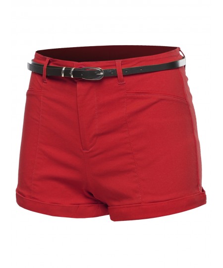 Women's Solid Belted Bengaline Roll-Up Cuff Shorts