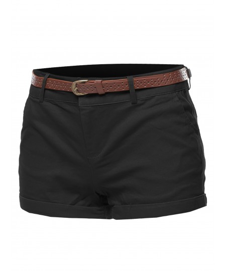 Women's Solid Roll-up Cuff Twill Short Pants With Belt