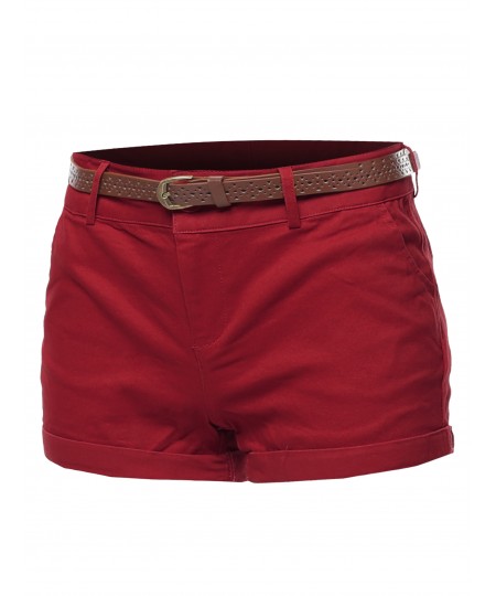 Women's Solid Roll-up Cuff Twill Short Pants With Belt