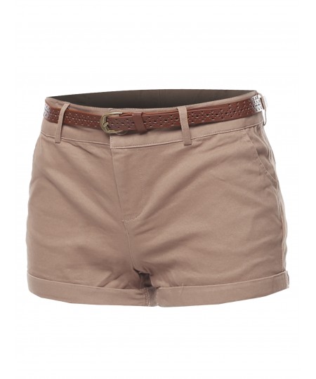 Women's Solid Roll-up Cuff Twill Short Pants With Belt