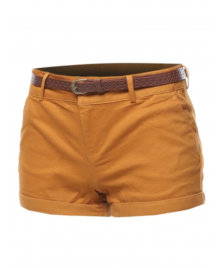 Women's Solid Roll-up Cuff Twill Short Pants With Belt