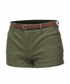 Women's Solid Roll-up Cuff Twill Short Pants With Belt