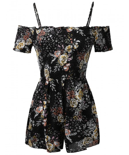 Women's Floral Print Off-Shoulder Spaghetti Strap Romper Jumpsuit