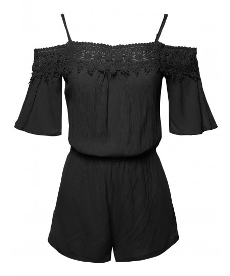 Women's Lace Detail Front Top Off-Shoulder Romper Jumpsuit