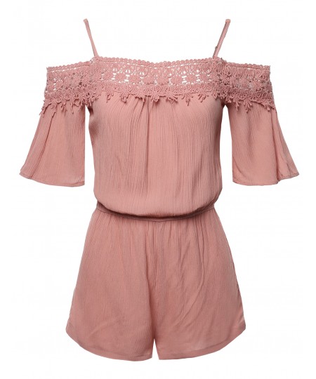 Women's Lace Detail Front Top Off-Shoulder Romper Jumpsuit