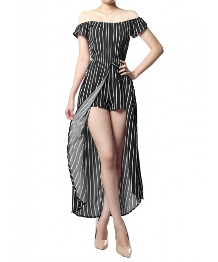 Women's Pinstripe Printed Off-Shoulder Split Maxi Short Overlay Romper