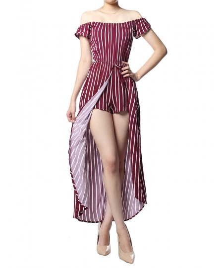 Women's Pinstripe Printed Off-Shoulder Split Maxi Short Overlay Romper