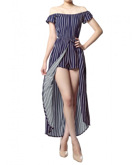 Women's Pinstripe Printed Off-Shoulder Split Maxi Short Overlay Romper