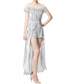 Women's Pinstripe Printed Off-Shoulder Split Maxi Short Overlay Romper