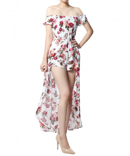 Women's Floral Printed Off-Shoulder Split Maxi Short Overlay Romper