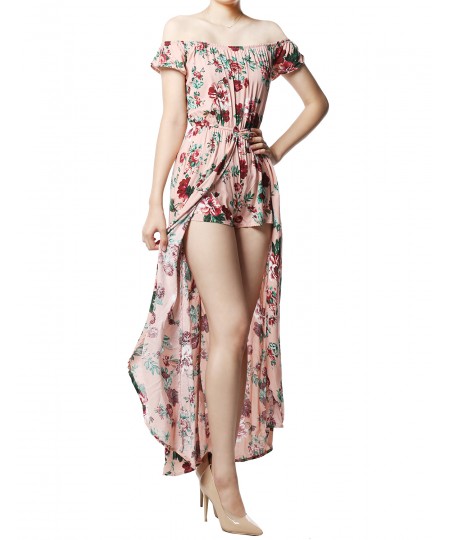 Women's Floral Printed Off-Shoulder Split Maxi Short Overlay Romper