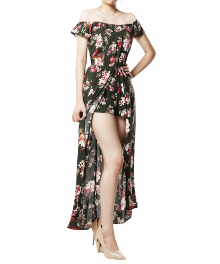 Women's Floral Printed Off-Shoulder Split Maxi Short Overlay Romper