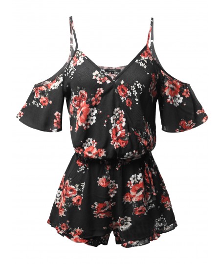 Women's Floral Cold Shoulder Adjustable Straps Romper