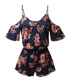 Women's Floral Cold Shoulder Adjustable Straps Romper