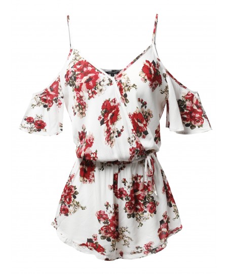 Women's Floral Cold Shoulder Adjustable Straps Romper