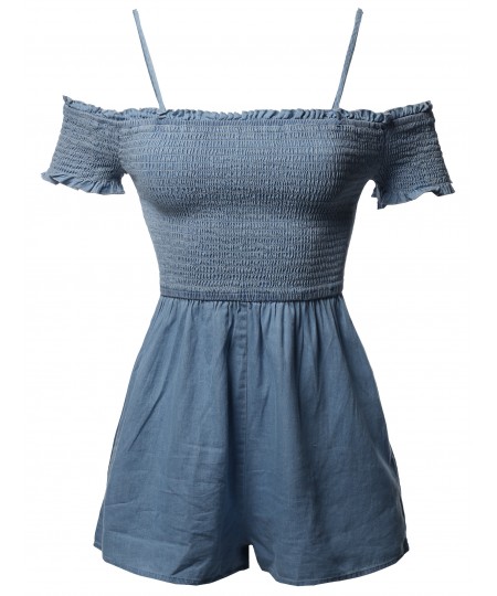 Women's Cotton Denim Off Shoulder Ruffle Cap Sleeves Romper Jumpsuit 