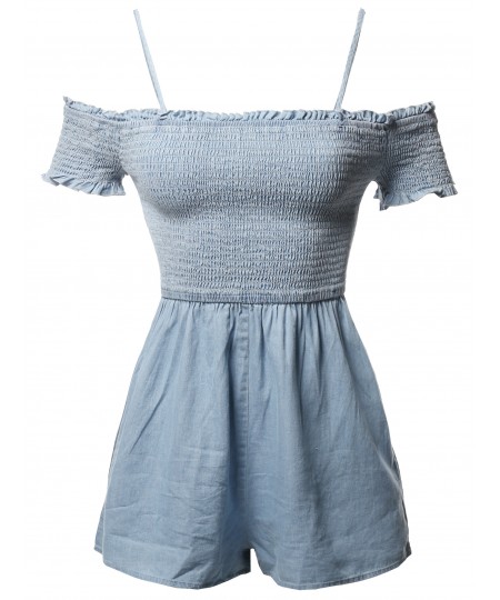 Women's Cotton Denim Off Shoulder Ruffle Cap Sleeves Romper Jumpsuit 