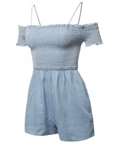 Women's Cotton Denim Off Shoulder Ruffle Cap Sleeves Romper Jumpsuit 