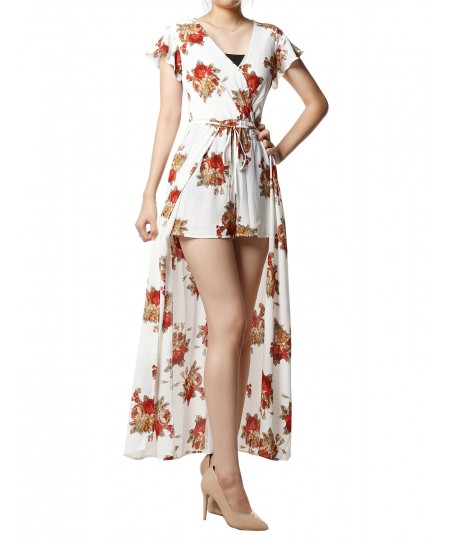 Women's Floral Printed Short Sleeves Split Maxi Short Overlay Romper