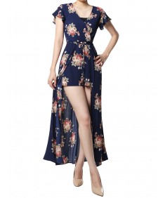 Women's Floral Printed Short Sleeves Split Maxi Short Overlay Romper