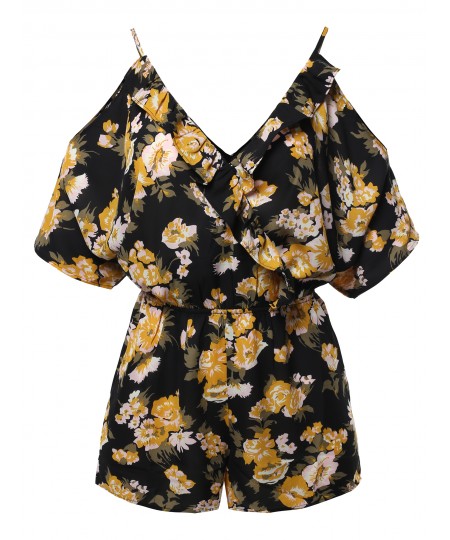 Women's Floral Print V-Neck Kimono Style Sleeves Romper