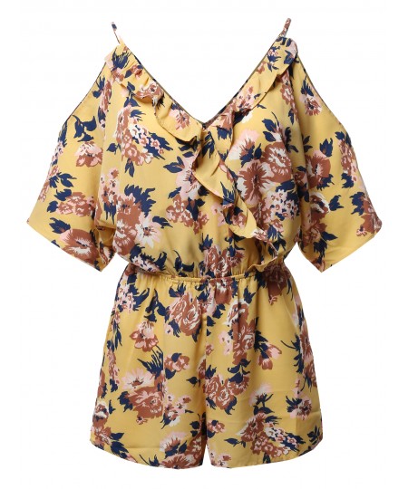 Women's Floral Print V-Neck Kimono Style Sleeves Romper