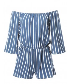 Women's Pinstripe Print Off-Shoulder Romper Jumpsuit