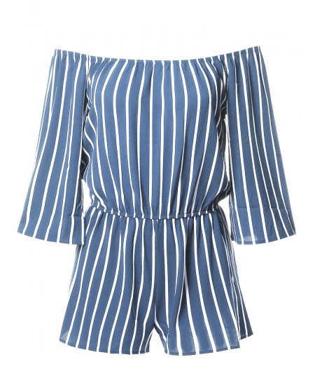 Women's Pinstripe Print Off-Shoulder Romper Jumpsuit