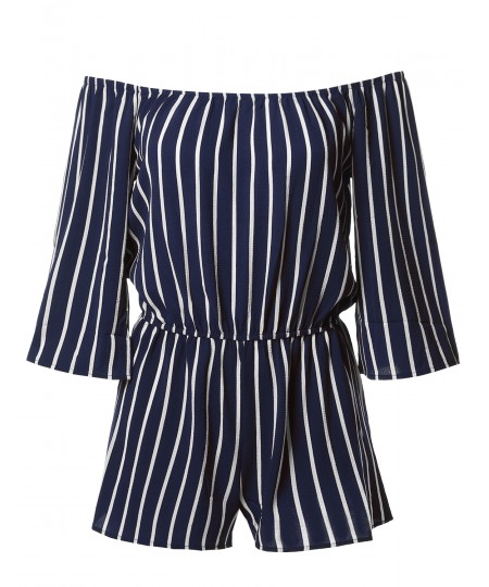 Women's Pinstripe Print Off-Shoulder Romper Jumpsuit