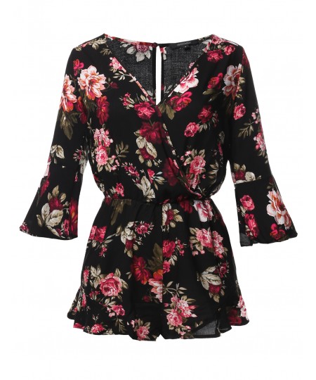 Women's Floral Print Deep V-Neck 3/4 Ruffle Sleeve Romper Jumpsuit