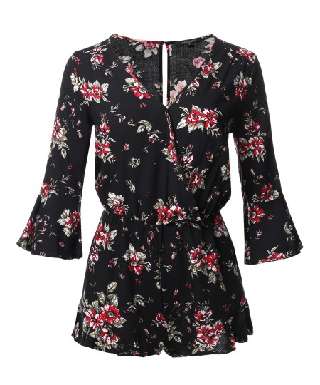 Women's Floral Print Deep V-Neck 3/4 Ruffle Sleeve Romper Jumpsuit