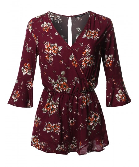 Women's Floral Print Deep V-Neck 3/4 Ruffle Sleeve Romper Jumpsuit