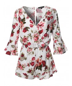 Women's Floral Print Deep V-Neck 3/4 Ruffle Sleeve Romper Jumpsuit