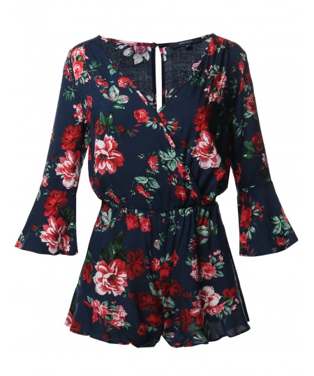 Women's Floral Print Deep V-Neck 3/4 Ruffle Sleeve Romper Jumpsuit