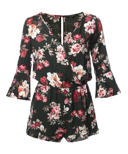 Women's Floral Print Deep V-Neck 3/4 Ruffle Sleeve Romper Jumpsuit