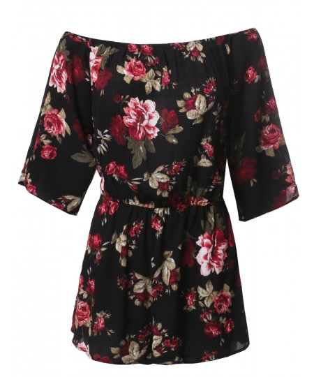 Women's Floral Print Off Shoulder Flare Sleeves Romper