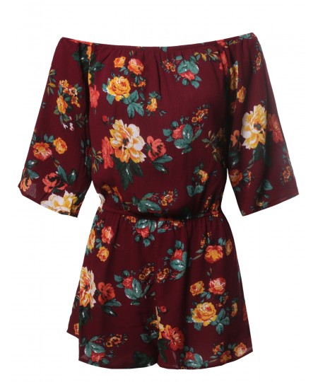 Women's Floral Print Off Shoulder Flare Sleeves Romper