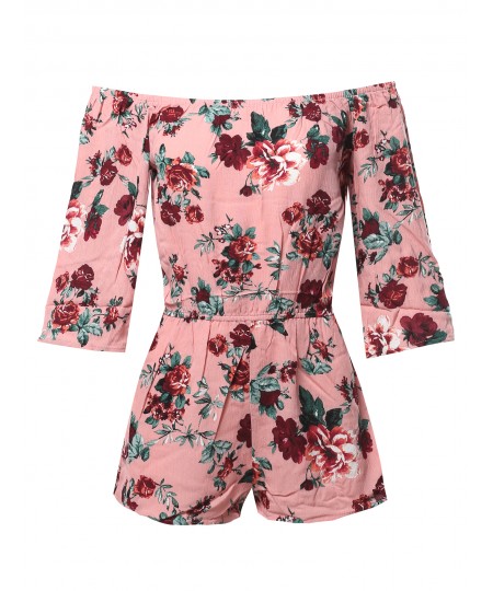 Women's Floral Print Off Shoulder Flare Sleeves Romper