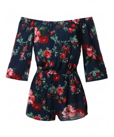 Women's Floral Print Off Shoulder Flare Sleeves Romper