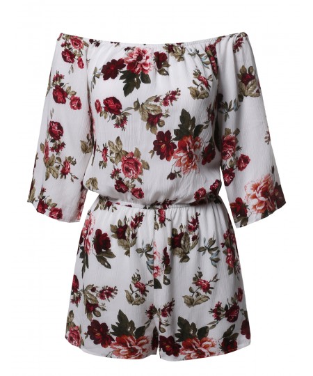 Women's Floral Print Off Shoulder Flare Sleeves Romper