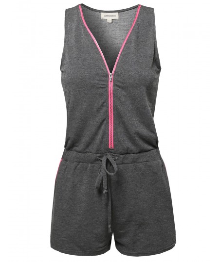 Women's Solid Sleeveless Drawstring Waistband Zipper Front Romper