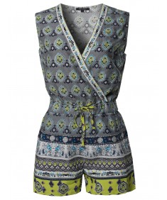 Women's Casual Summer Bohemian Print Surplice Neckline Sleeveless Romper