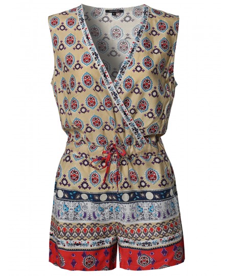 Women's Casual Summer Bohemian Print Surplice Neckline Sleeveless Romper