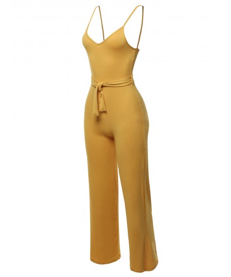 Women's Solid Sleeveless Strap Sexy Romper Jumpsuit With Waist Belt