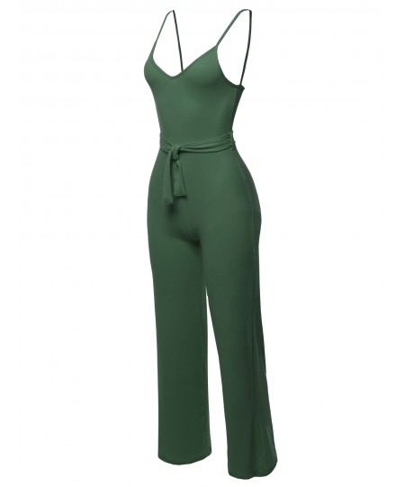 Women's Solid Sleeveless Strap Sexy Romper Jumpsuit With Waist Belt